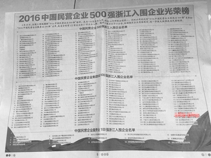 A empresa do grupo ficou em 485º lugar na lista das 500 maiores empresas privadas da China na indústria manufatureira em 2016